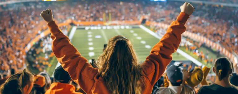 Female sports fan cheering at a college football game