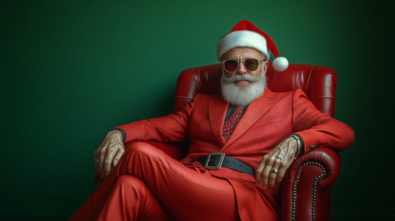 Cool santa claus wearing sunglasses and red suit sitting in armchair